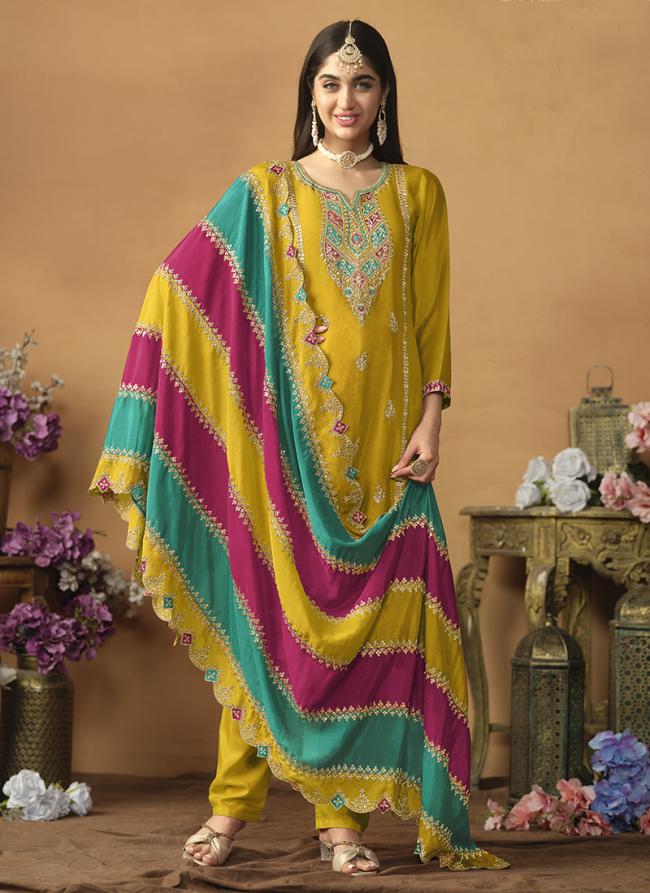 Chinnon Silk Yellow Wedding Wear Embroidery Work Salwaar Suit